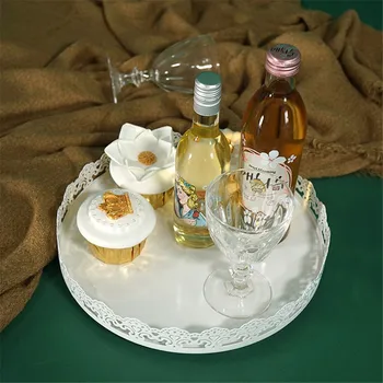 

Nordic Lace Hollow Metal Storage Tray Chic Ins Fruit Cake Dessert Plate Elegant White Jewelry Display Tray Home Desk Decor S M L