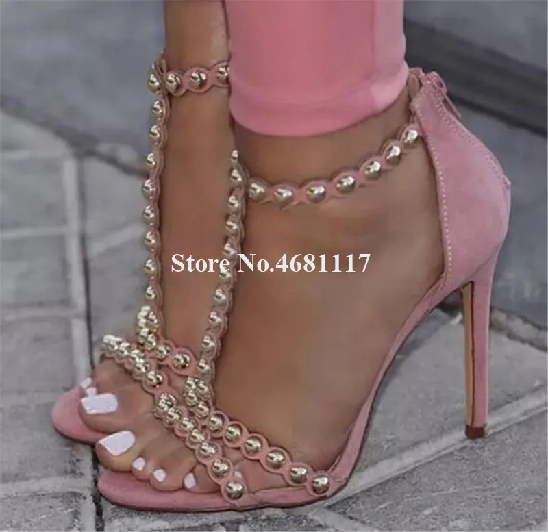 

Women Fashion Style Open Toe T-strappy Stiletto Heel Metal Rivet Sandals Studded Back Zipper-up High Heel Sandals Dress Shoes