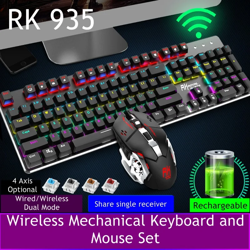 Royal Kludge RK 935 2,4G беспроводной/проводной двойной режим перезаряжаемая Механическая игровая клавиатура и мышь набор различные режимы светильник