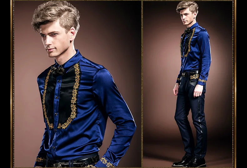 Fanzhuan Бесплатная доставка Новая мода повседневное Мужской Для мужчин личности оригинальный дизайн вышивка, длинный рукав рубашка 14249 синий