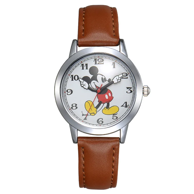 Оригинальные Модные Детские Кварцевые часы с Микки Маусом из натуральной кожи для подростков, студенческие часы для мальчиков и девочек, лучший подарок - Цвет: Коричневый