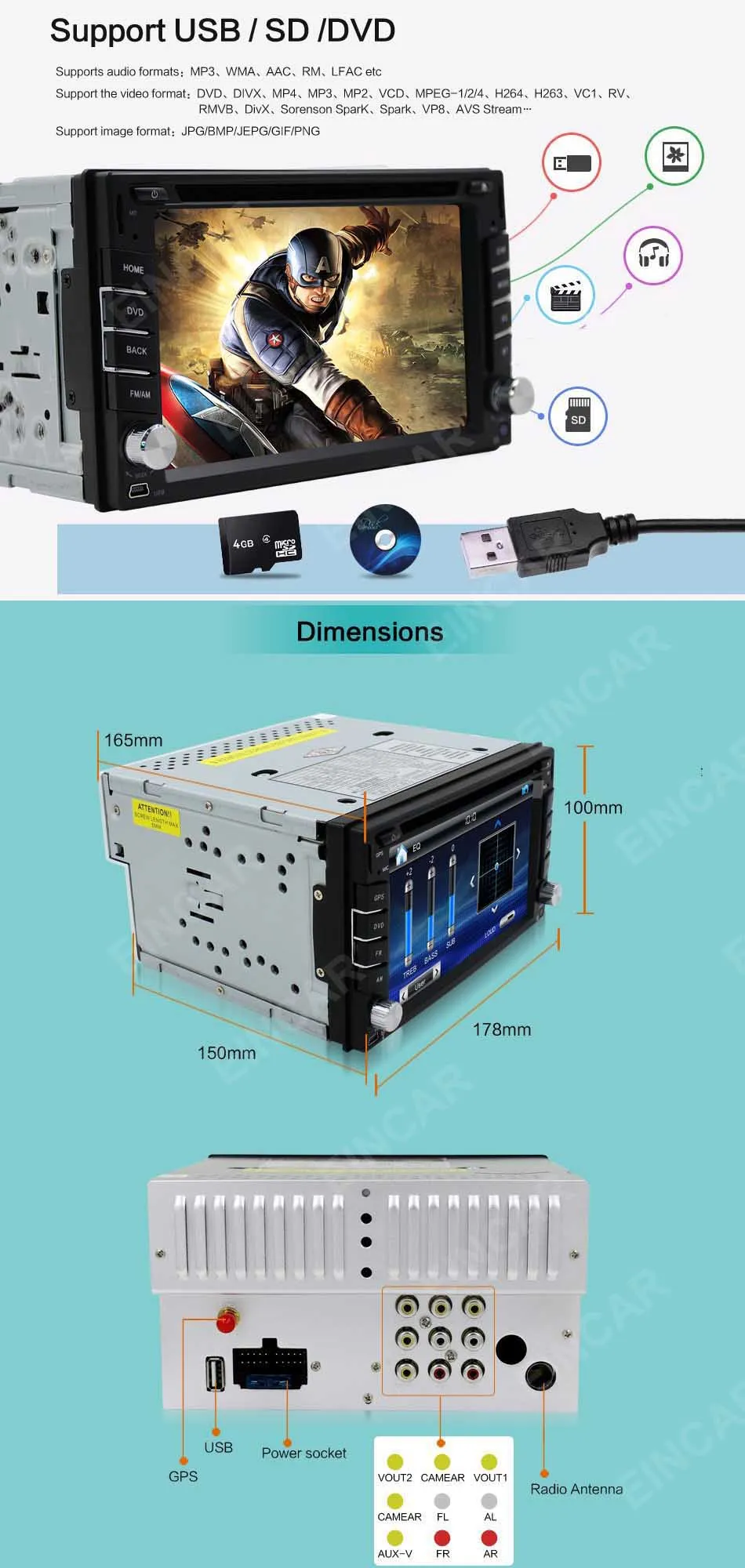 Top Double 2 DIN In Dash GPS Nav Car DVD Player Stereo Radio USB Bluetooth+Map+Cam 8 Top Double 2 DIN In Dash GPS Nav Car DVD Player Stereo Radio USB Bluetooth+Map+Cam 8