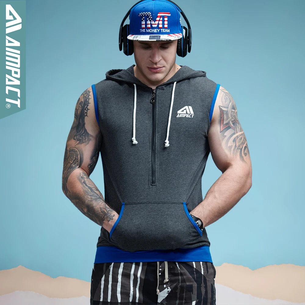 Aimpact Men's Cotton Sleeveless Hoodie | Bodybuilding Crossfit Workout Tank Tops - Muscle Fitness Shirts | Male Jackets - Top AM1012 image 3