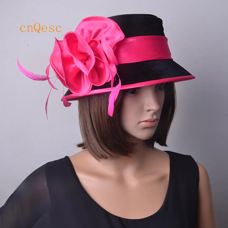 

Attractive multiple NEW Hot pink Velvet Hats Satin Kentucky Derby wedding women's hat with feathers.Brim width 7cm.FREE SHIPPING