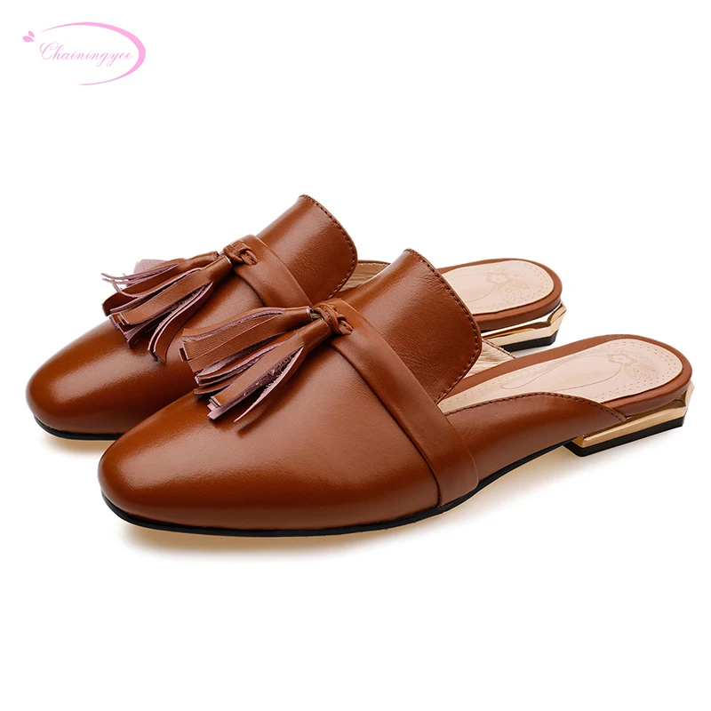 

Chainingyee college style comfortable round toe real leather mule slippers fashion fringed beige brown flat with women shoes