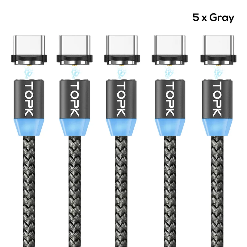 TOPK [5-Pack] R-Line1 светодиодный магнитный кабель usb type C с нейлоновой оплеткой для зарядного устройства type-C для samsung S9 S8 Plus USB C - Цвет: 5 x Gray Cable