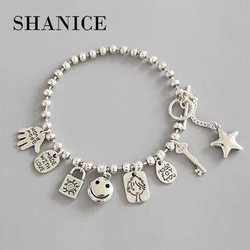 

SHANICE 925 Link Chain Bracelet Golden 925 Sterling Silver Bracelets for Women Smile Doll Key Bead Coin Pendant Charm Bracelets