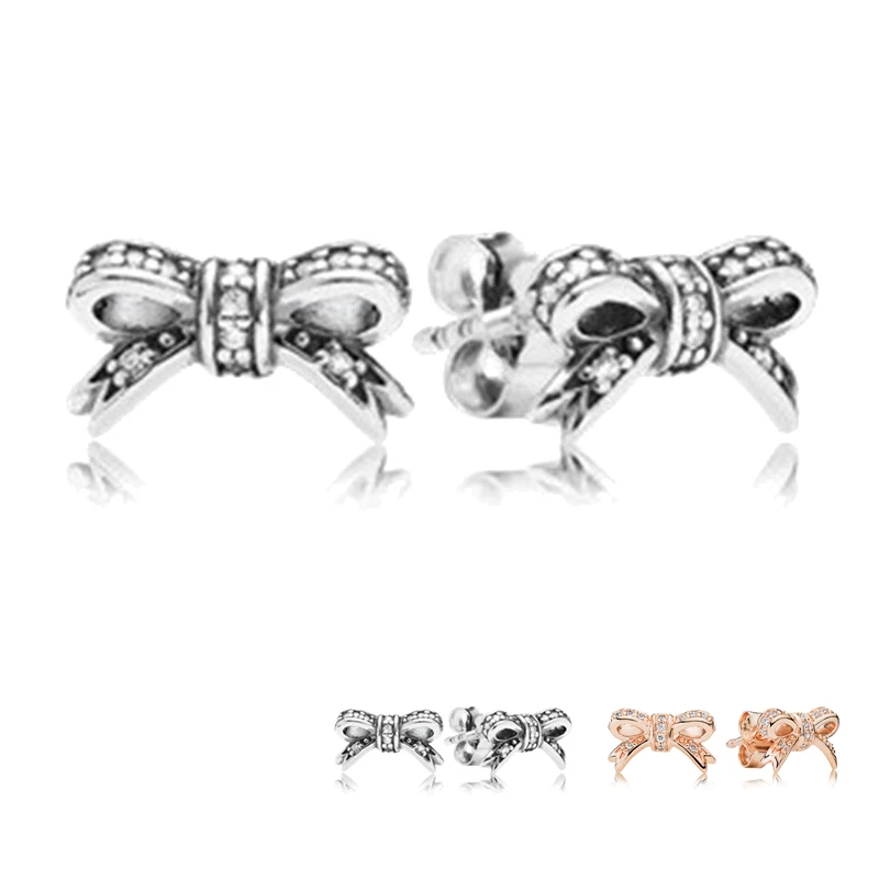 

Authentic 925 Sterling Silver Pandora Earrings For Women Full Paved CZ Bowknot Earring Studs Rose Gold Fine Europe Jewelry Gift