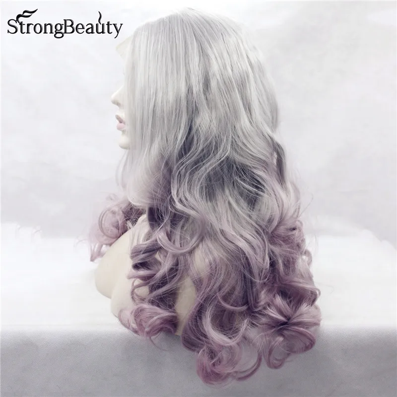 Strongbeauty длинный кудрявый серый парик Синтетический Ombre серебристый розовый/фиолетовый парик на кружеве два тона