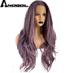 Anogol фиолетовый руки связали косой пробор высокое Температура волокна длинные Natural Body Wave синтетический Синтетические волосы на кружеве