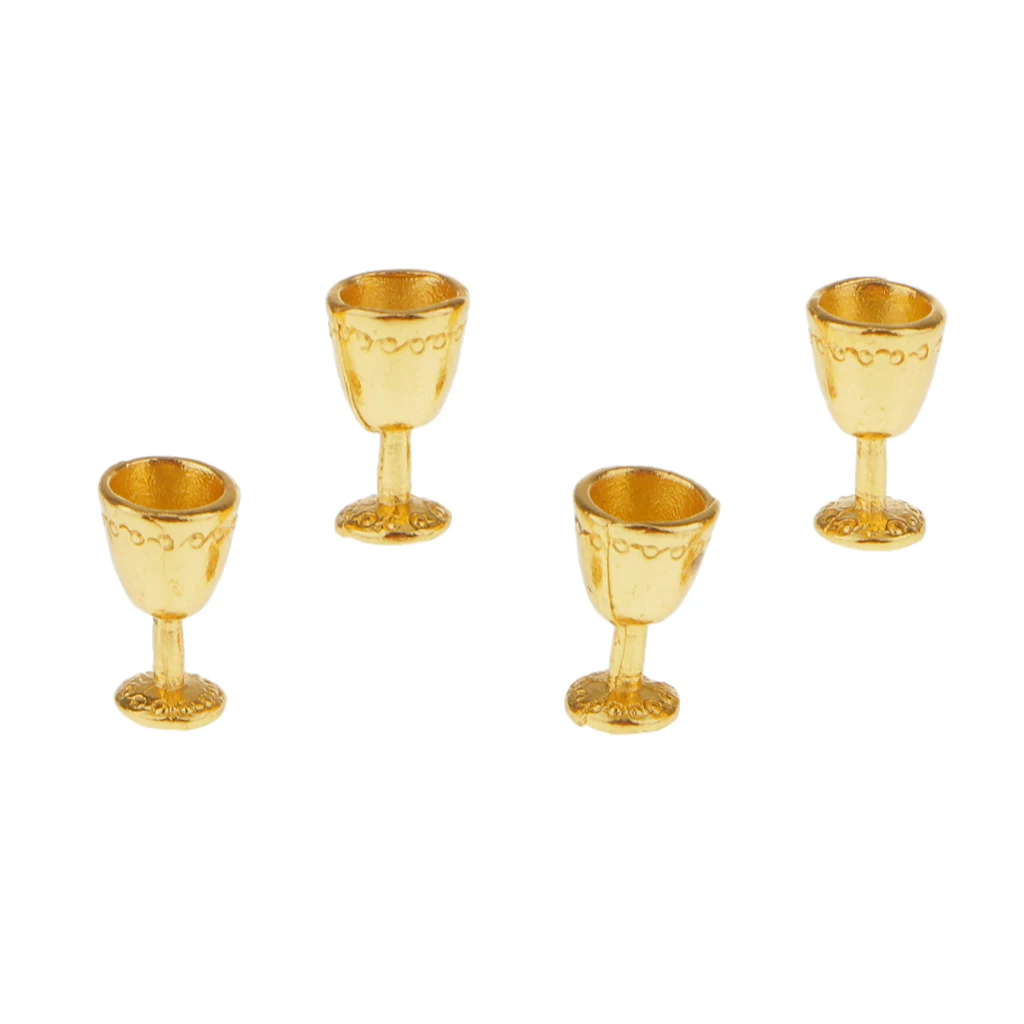 Gold Metal Goblet Red Wine Cups Dolls House Miniature Dining Room Pub Bar Accessory Pack of 4pcs