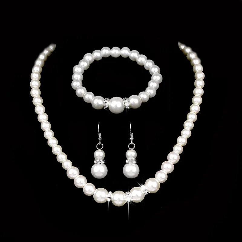 

2017 New Simulated Pearl Bridal Jewelry Set Crystal Necklace Fine Jewelry Party Women Beads Wedding Earrings Bracelet Accesories