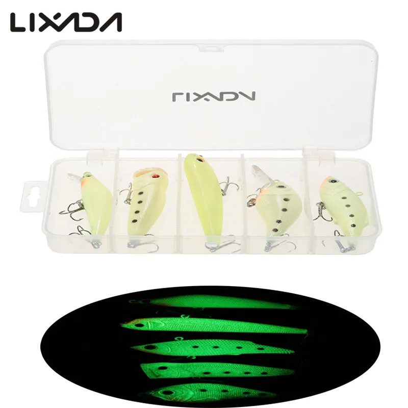 

Lixada 5/10 PCS Night Fishing Lure Crank Bait Luminous VIB Popper Minnow Pencil Artificial Lures Set With Hook Box Noctilucent