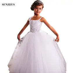 Robe Enfant Mariage A-Line Спагетти Бретели для нижнего белья платье с цветочным узором для девочек с аппликациями цветы длинные белые вечерние платья