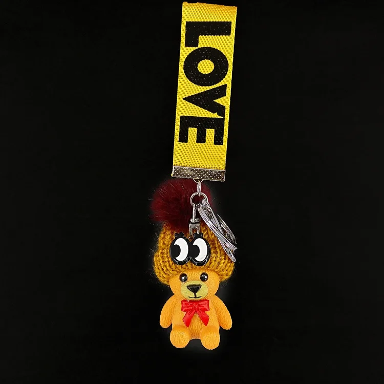 New cute resin acrylic animal bear, puppy, rabbit, color ribbon with bell cute temperament key ring pendant bag car pendant - Цвет: The bear -yellow