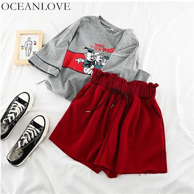 

OCEANLOVE Sweatsuit Casual Summer Two Piece Set Sports Print Cartoon T Shirt Drawstring Solid High Waist Shorts Women Sets 11629
