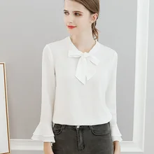 Fashion Summer Women Solid Color Blouse Soft Long Sleeve Elegant Bow Vintage Ruffle sleeve Slim fit Large size Chiffon Blouse Fashion Summer Women Solid Color Blouse Soft Long Sleeve Elegant Bow Vintage Ruffle sleeve Slim fit Large size Chiffon Blouse