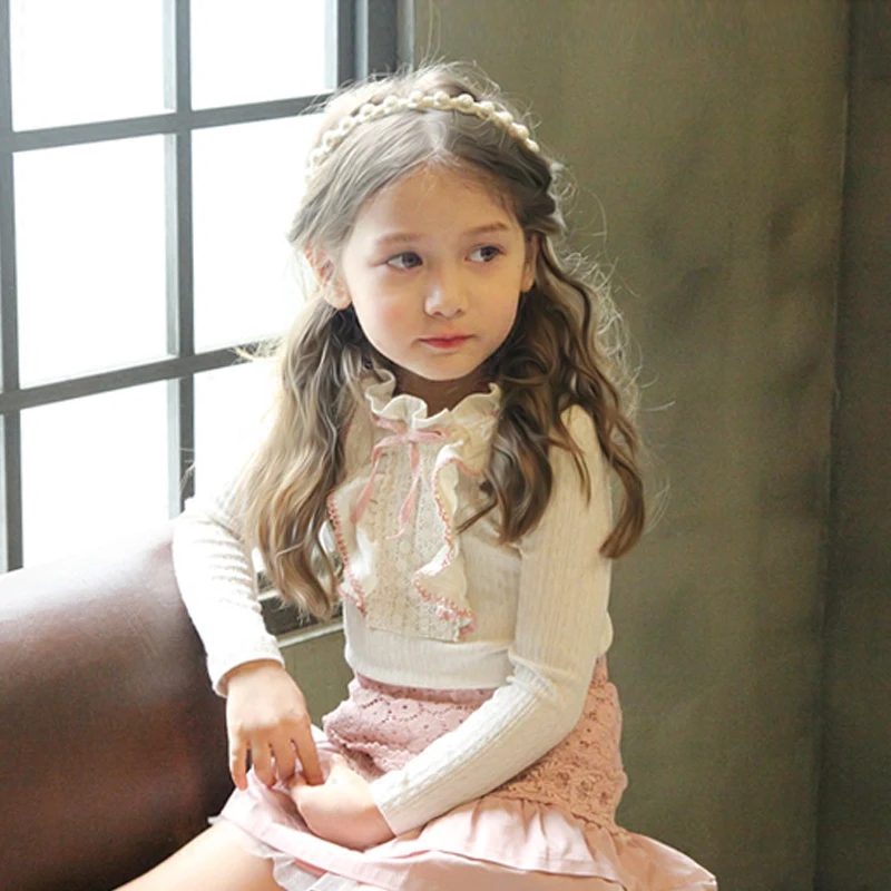 Girl Lace Shirt Autumn Spring Long Sleeved Gray/White Cotton Shirt Wedding Party Prom