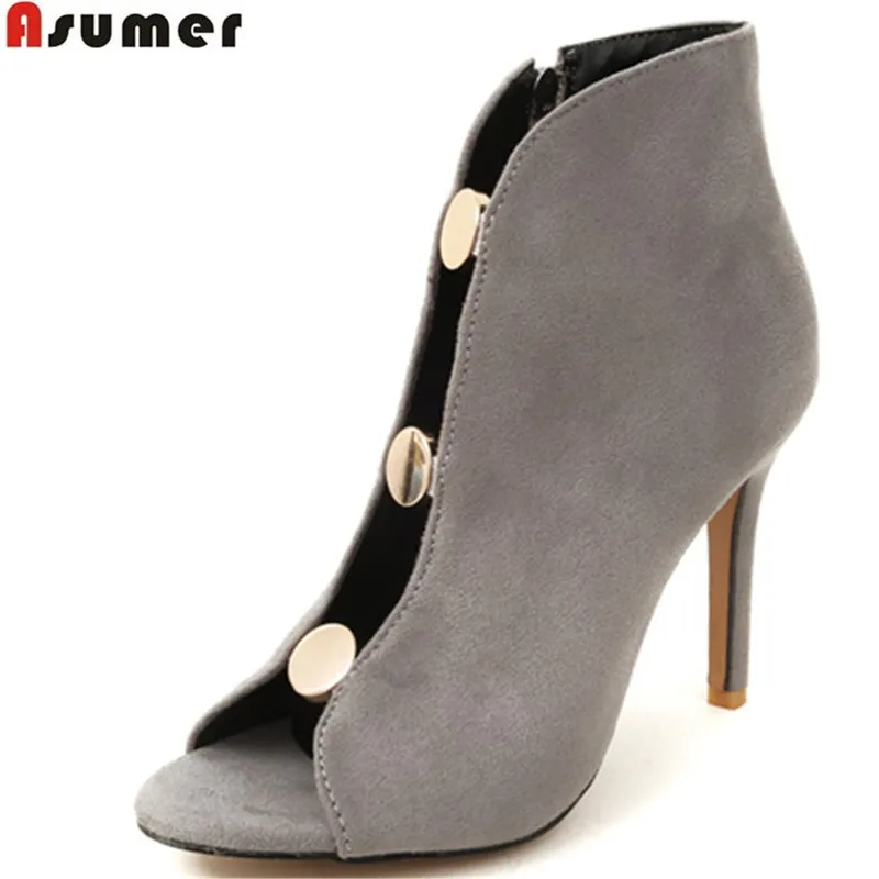 Женские ботильоны из флока на шпильке с открытым носком молнии Размеры 33 43|high heel