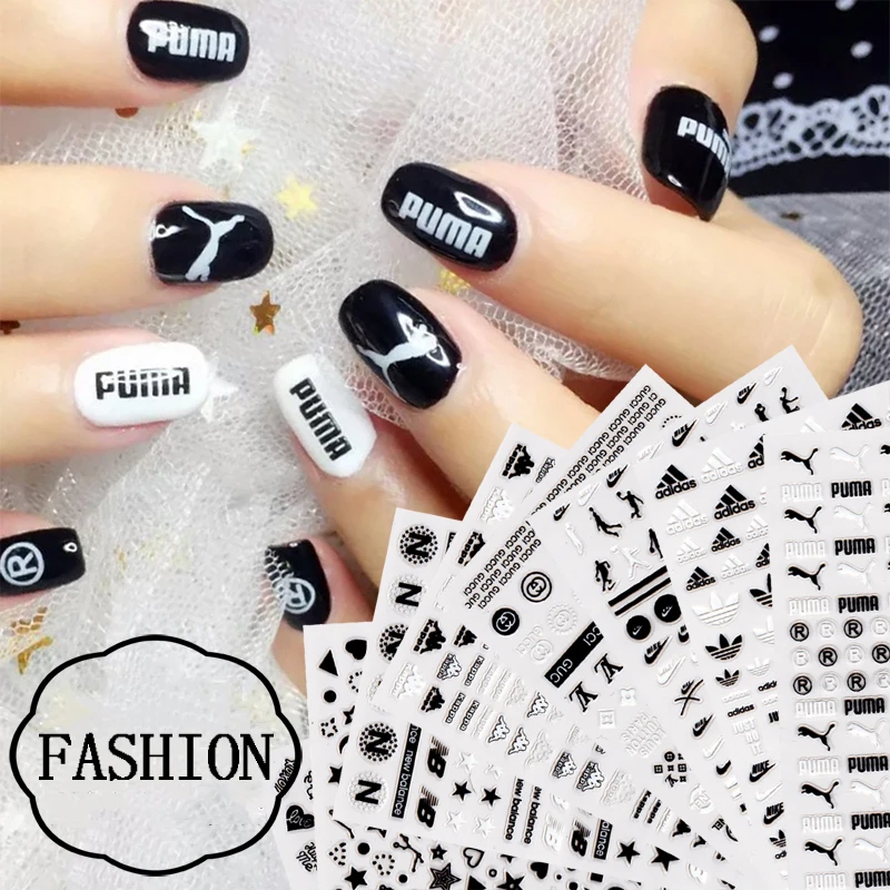 Nail Art Декорация черный Стикеры s спортивный бренд ногтей Стикеры Самоклеящиеся DIY Переводные картинки советы розовое золото ногтей Стикеры