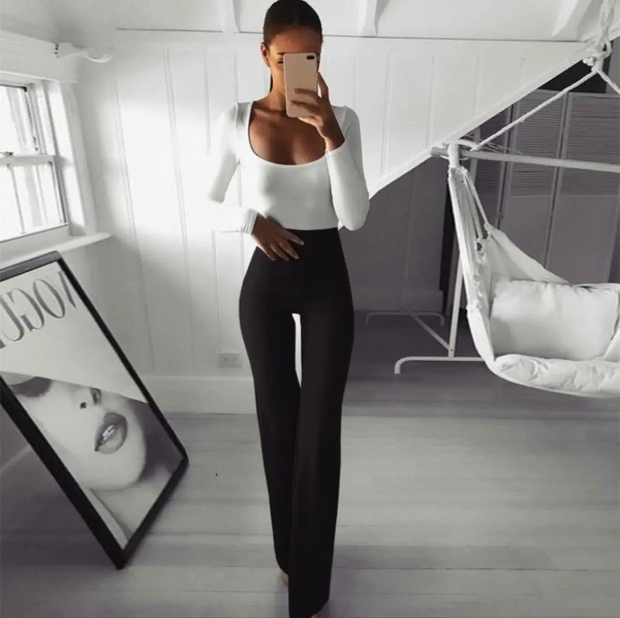 Hot Women Plain Palazzo Wide Leg High Waist Office Lady Skinny Solid Casual Flared Trousers Long Loose OL Work Pants - Цвет: Черный