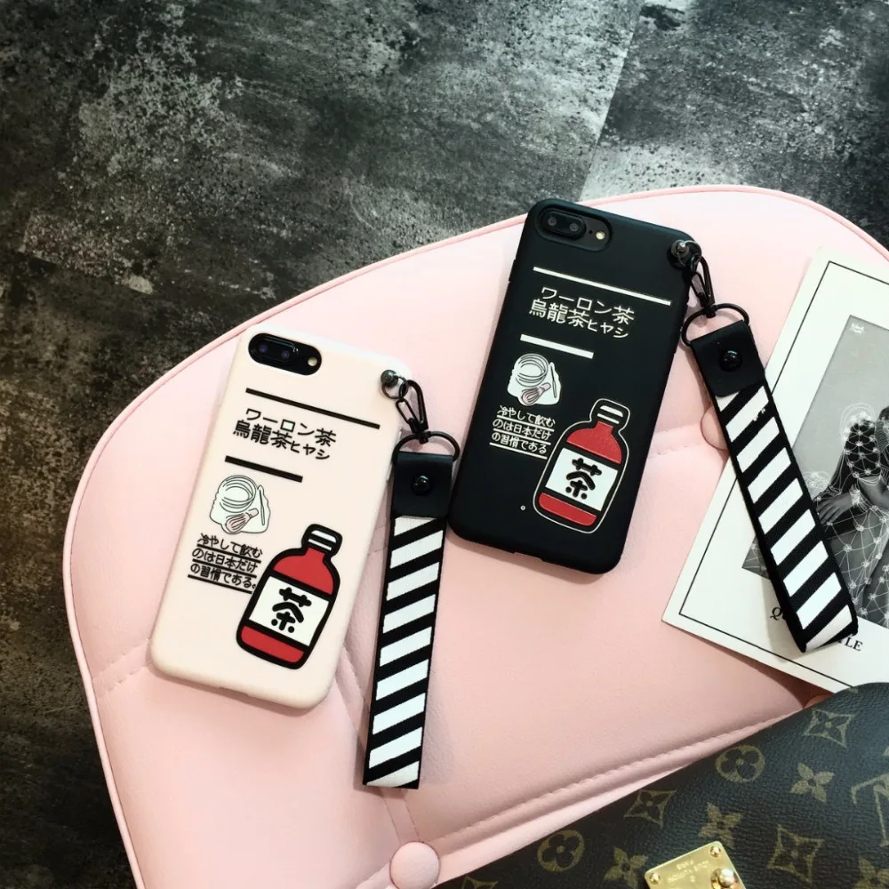

maosenguoji Embossed Japanese oolong tea Hand Strap Mobile Phone Case for iphone6 6s 6plus 7 7plus 8plus fashion Couple case