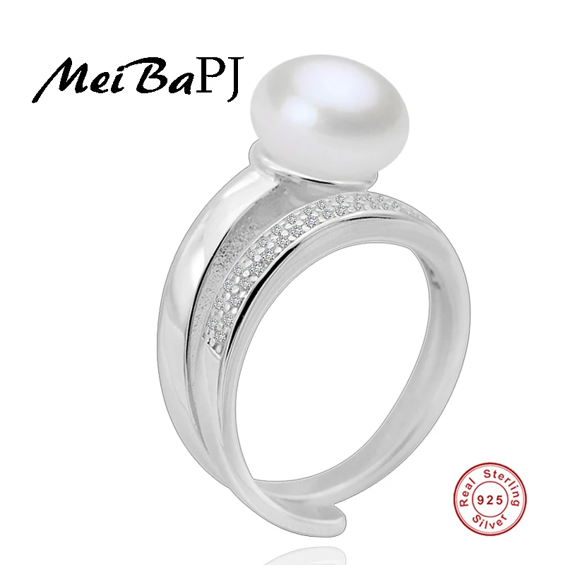 

[MeiBaPJ]100% Genuine solid S925 sterling silver jewelry Top quality perfectly semiround pearl ring for women open ring box