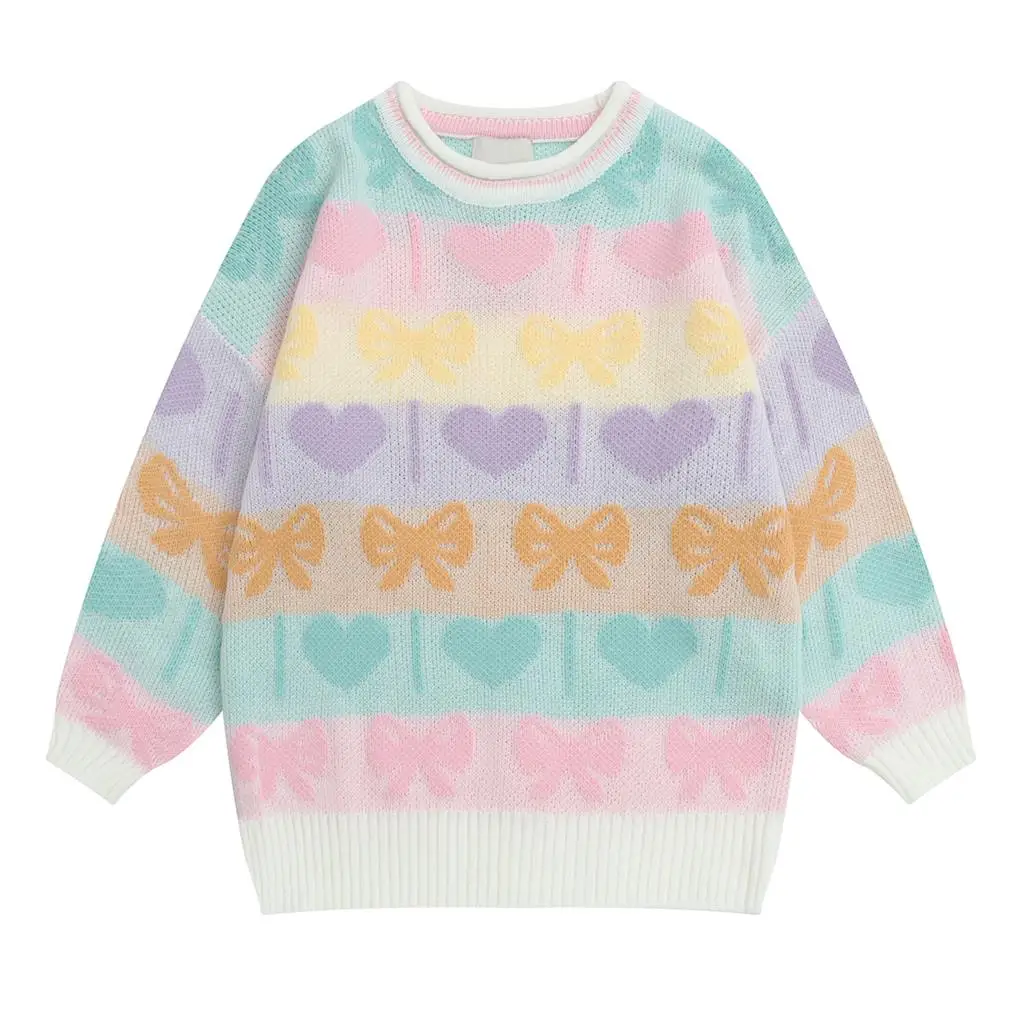 

Sweet Lovely Japanese Women Pullover Sweater O Neck Heart-shaped Jacquard Bow Femme Loose Knit Tops Autumn 2018 Winter