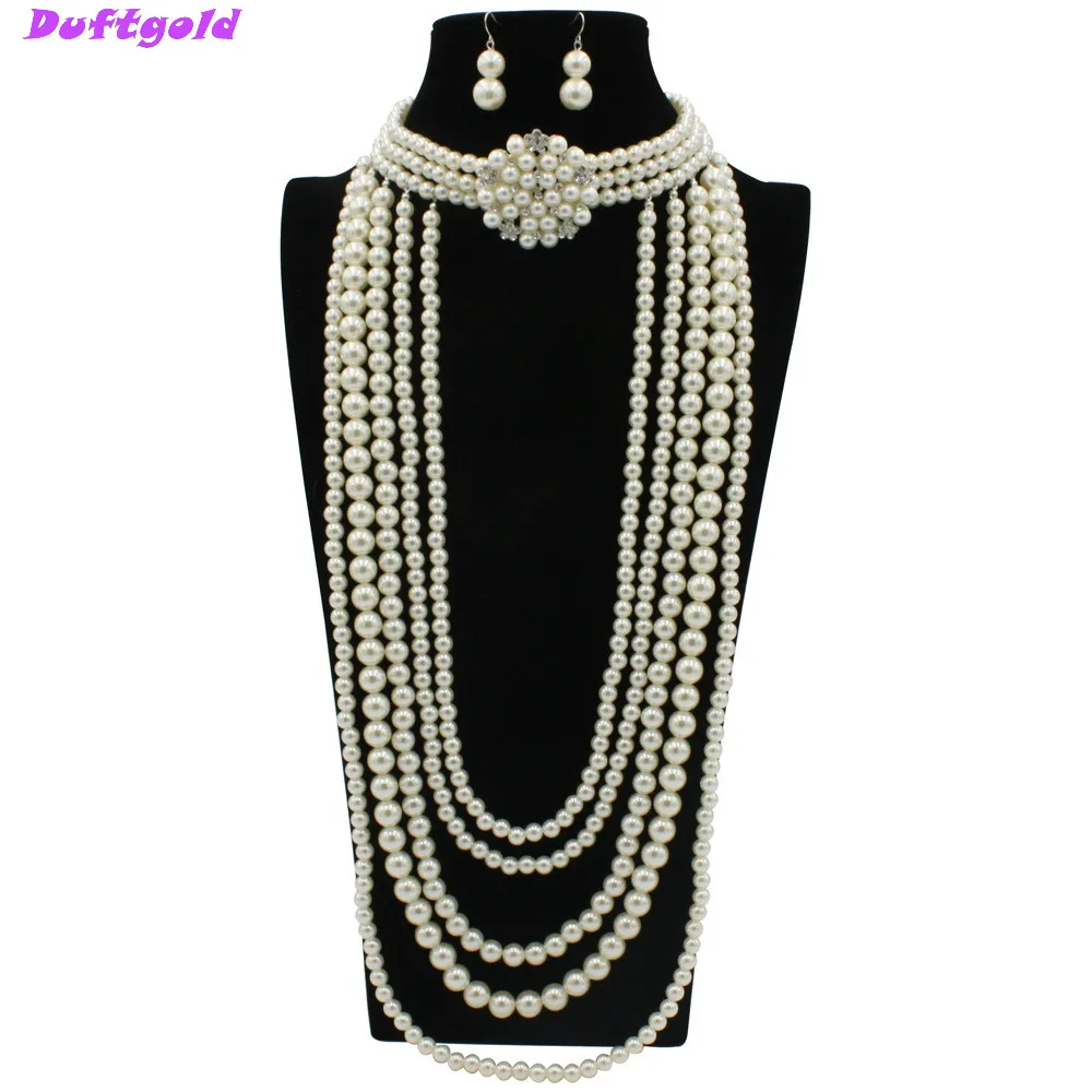 

Exaggerated Pearls Flower Long Sweater Chain Necklace Earrings Crystal Simulated Pearl Jewelry Set for Women Bodychain Duftgold