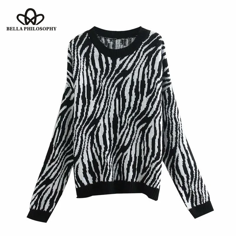 Wonder 2018 new autumn Vintage Zebra Pattern Short Knitted Sweater O Neck Long Sleeve Animal Print Pullovers Casual Pull Femme | Женская