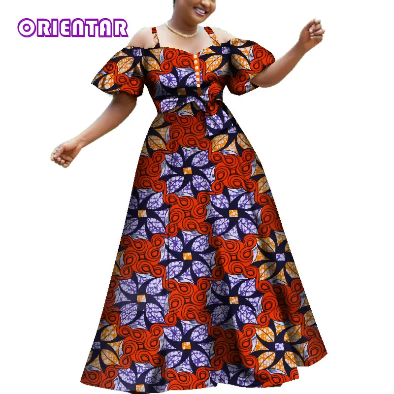 

2019 Women African Dresses Fashion Off Shoulder Puff Sleeve Party Ball Gown African Print Cotton Lady Long Dashiki Dress WY3609