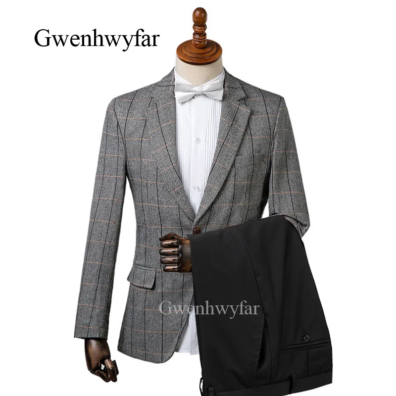 

Gwenhwyfar 2018 Winter New Vintage Wool Men Suits Black White Herringbone Business Men Suit Blazer Black Pants Slim Wedding Suit