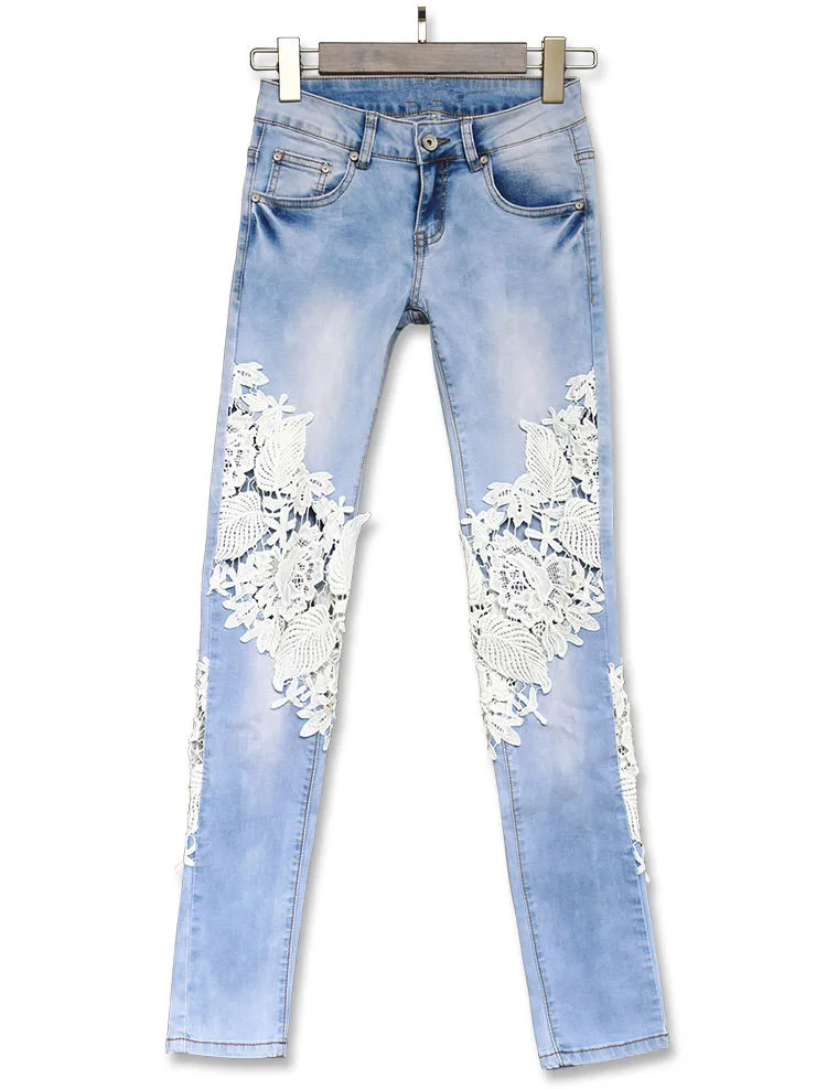 Модный стиль, джинсы с низкой талией, полая кружевная вышивка, колготки, эластичные, обтягивающие, тянущиеся, женские джинсы карандаш, синие джинсы с кружевом