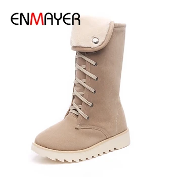

ENMAYER Women Basic Mid-Calf Lace up Boots lady round toe cross-tied flat with boots Size 34-39 ZY 323