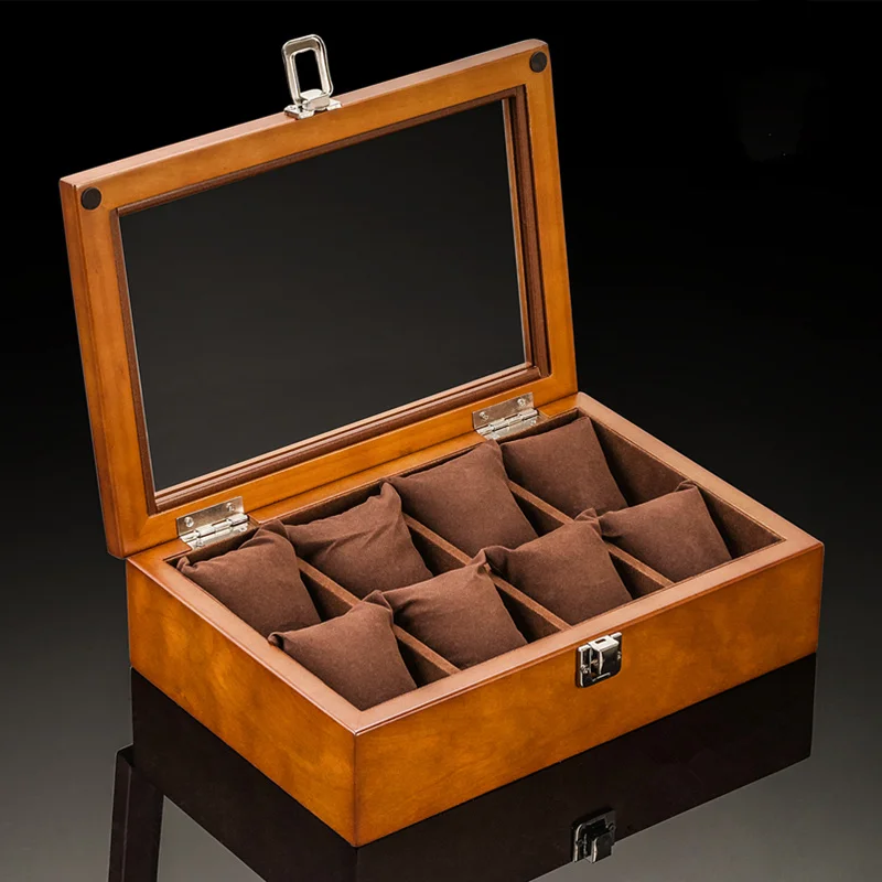 

8 Slots Watch Boxes Case New Coffee Wood Watch Organizer With Glass Mechanical Watch Holder Gift Case Holder Women