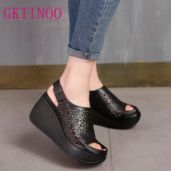 

GKTINOO Genuine Leather Sandals Women Summer Shoes Retro Hollow Out 7CM High Heels Wedge Set Foot Women Leather Sandals 2020