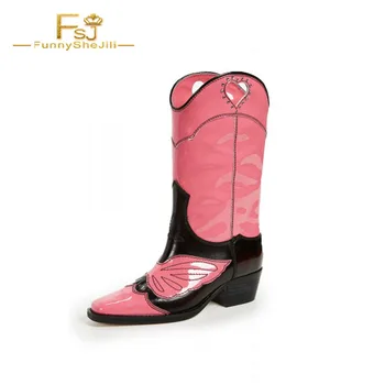

Women Shoes Pointed Toe Square heel Short Plush Pink Heart Western Boots Chunky Heel Mid Calf Boots Rhinestone Plus Size 15 45