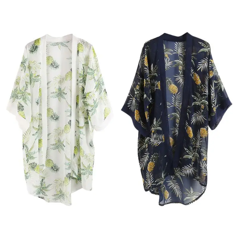 

Womens Summer Country Style Half Sleeves Swimsuit Cover Up Boho Colored Pineapple Digital Printing Kimono Cardigan Asymmetric