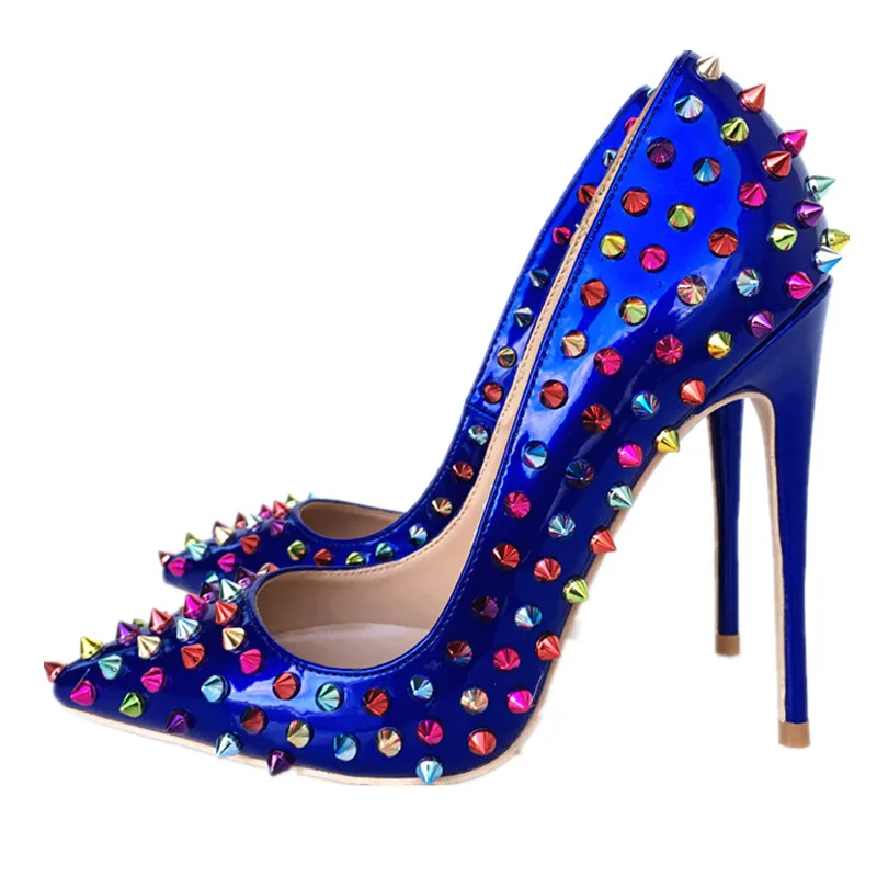 Blue High Heel Color Rivet Leather Patented High Heel Exclusive Pin Rivet Low To Help High Heels Pump Wave 10cm 12cm