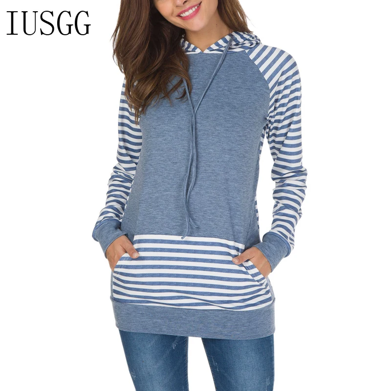 

2019 New Autumn Coat Women Long Sleeve Striped Hooded Pullover Sweatshirt with Front Pocket Hoodies Europe America Outfit