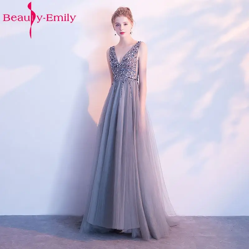 

Beads Evening Dresses Long V-neck Sleeveless Backless Zipper Formal Ocaasion Party Dresses