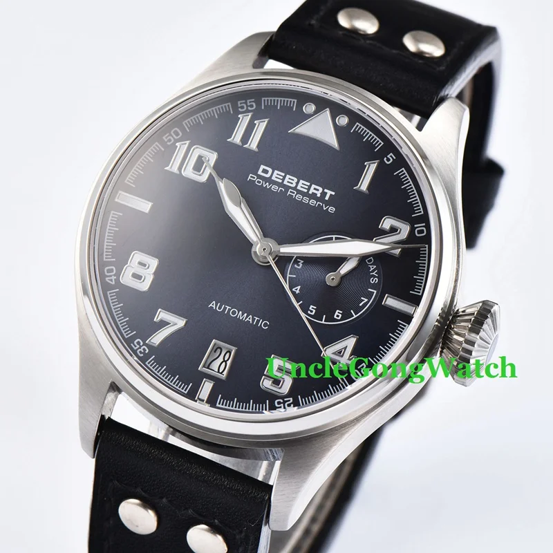 42mm DEBERT Blue Dial Black Rivets Power Reserve Sapphire Glass Leather Strap SS Case Luminous Automatic WristWatch