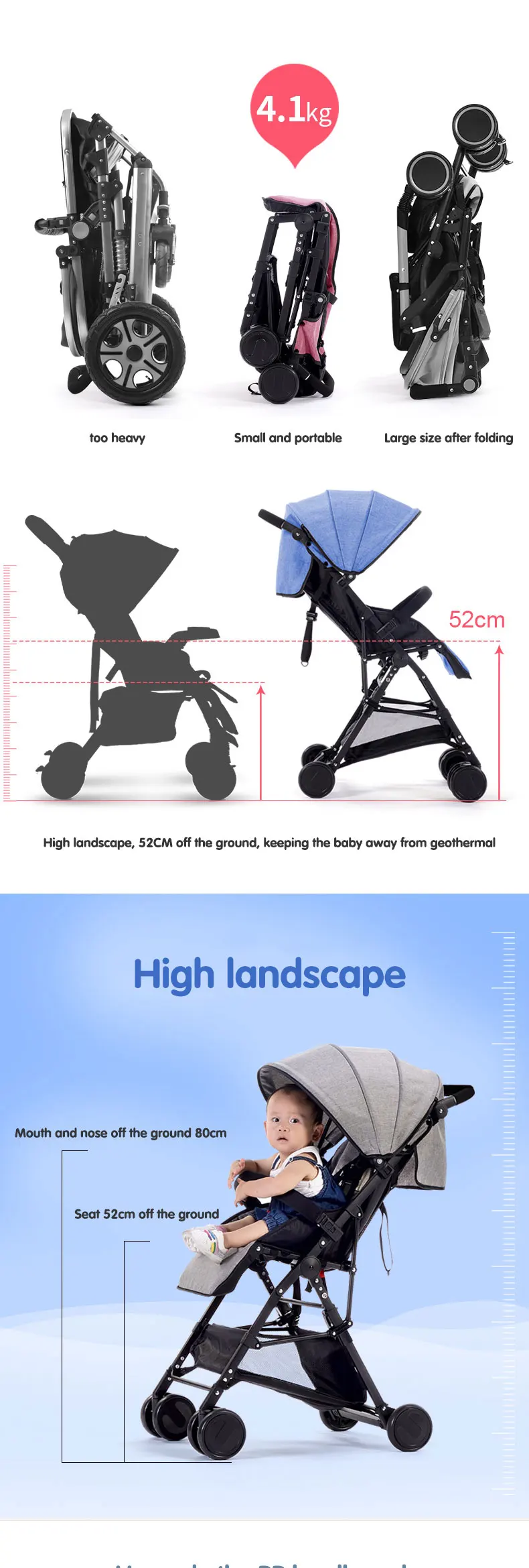 Детская коляска, может лежать, ультра легкий складной амортизатор, высокий пейзаж, детский зонт