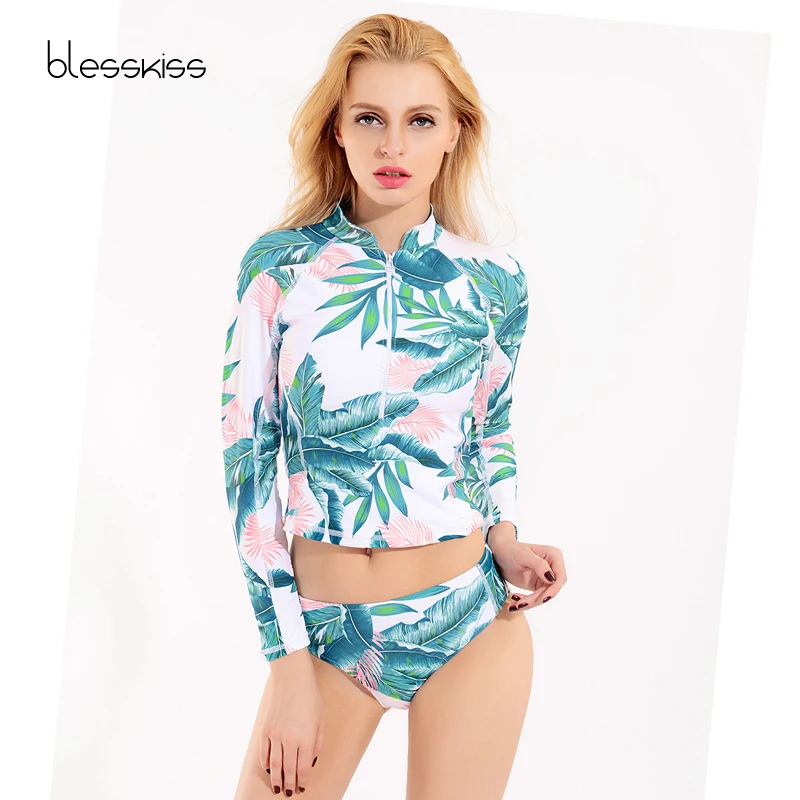 Купальник Танкини на молнии для женщин с длинным рукавом купальный костюм размера плюс большой купальник из двух частей с принтом листьев короткая юбка бикини