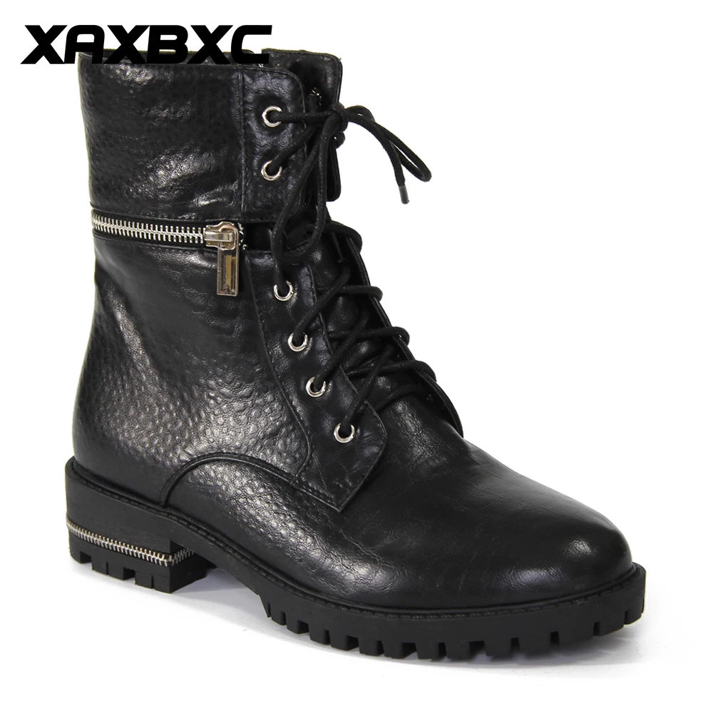 

XAXBXC 2019 Retro British Winter PU Leather Metal zippers Brogues Short Ankle Boots Warm Women Boots Handmade Casual Lady Shoes