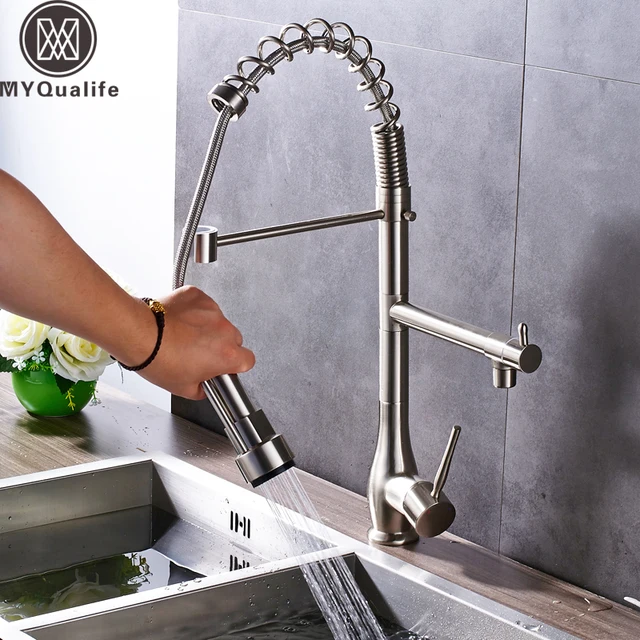 Special Price Brushed Nickel Pull Down Kitchen Faucet Deck Mounted Swivel Spring Kitchen Sink Hot and Cold Taps 360 Rotation Side Spout 