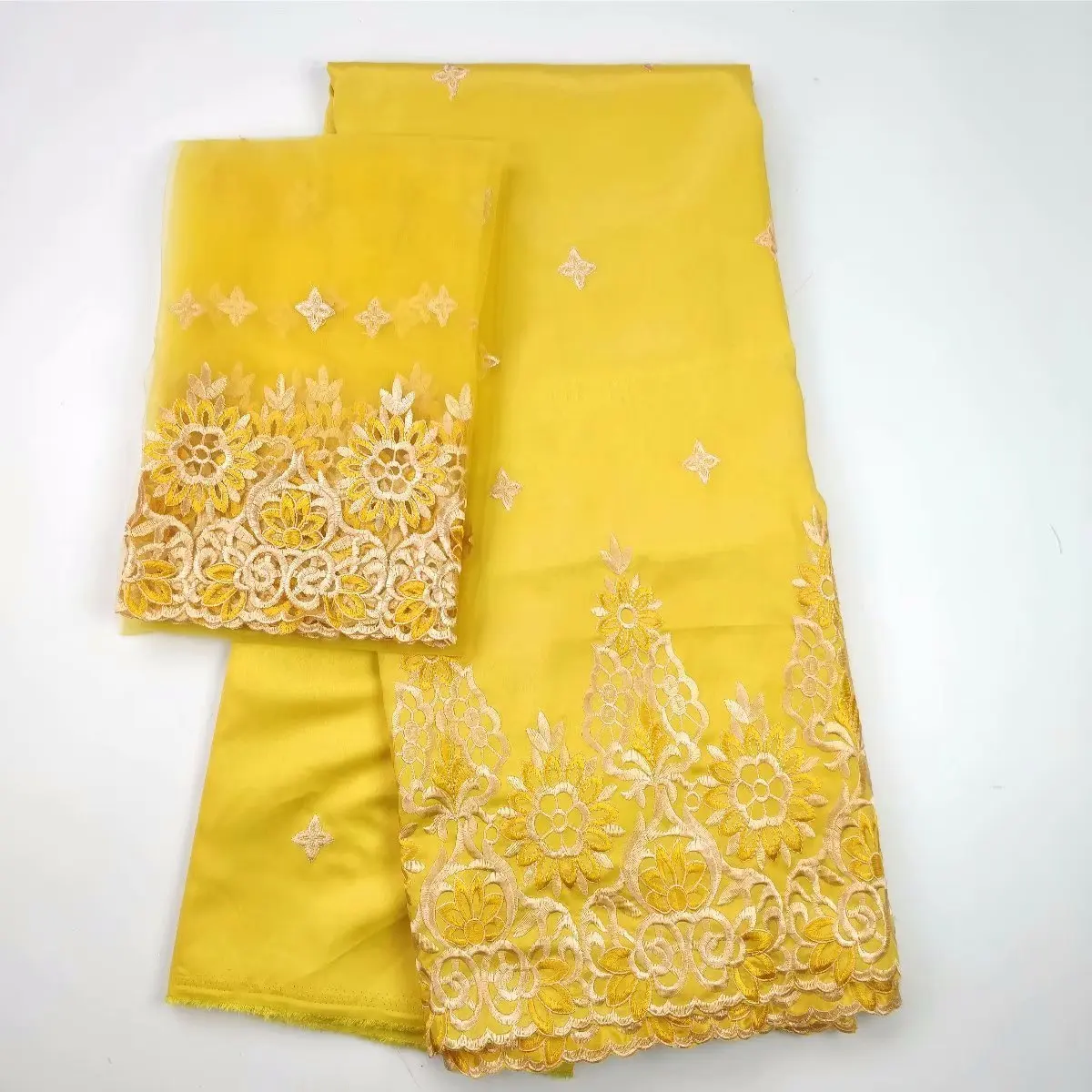 

Latest 2018 Beautiful African George Lace Fabric With Embroidery Blouse Match High Quality French Net Lace 5yard+2yard Yellow
