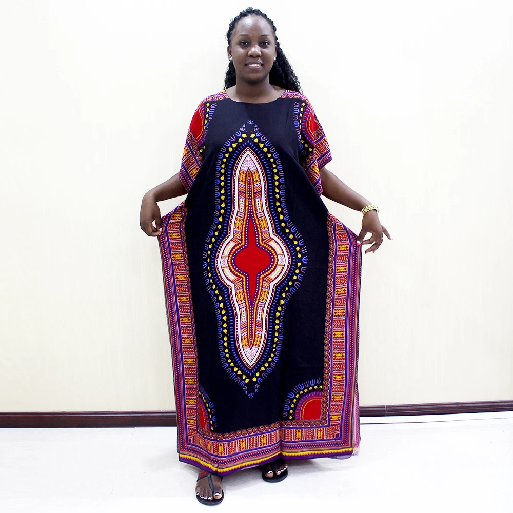 

100% Cotton African Dashiki Print Short Sleeve Black Bohemian Fashion Long Dress For Women