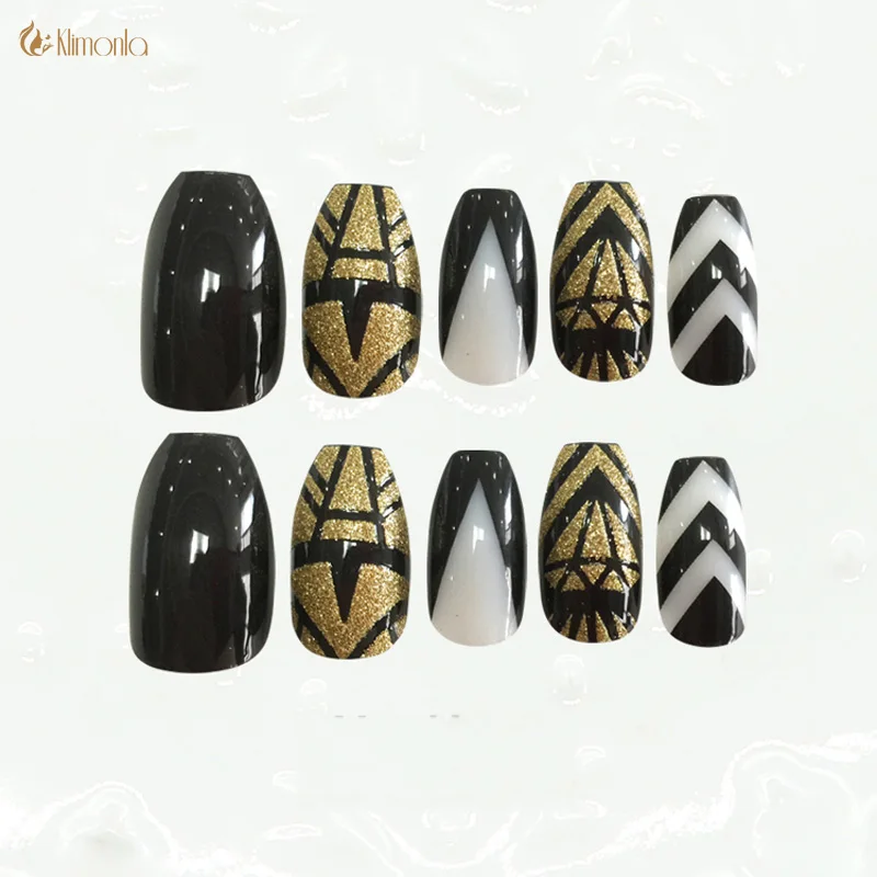 24pcs Black False Nail Acrylic Fake Nails With Glue Artificial UV Gel