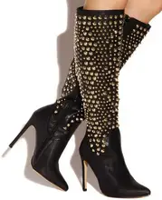 Winter new arrivals studs knee boots pointed toe rivets leather women long boots black/beige women autumn winter boots shoes